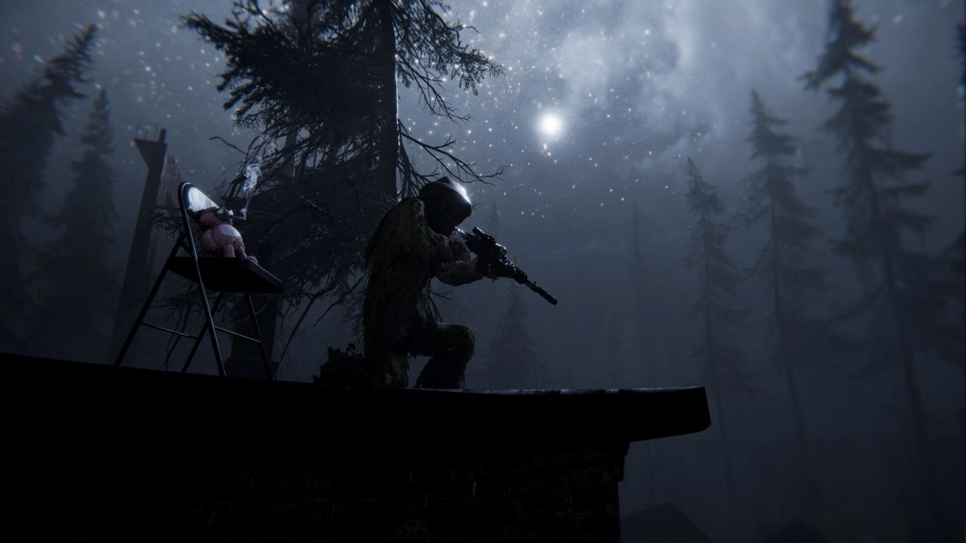 A.A.U. Black Site: Agent crouched with rifle on rooftop under starry sky, forest setting in Uzovnica.