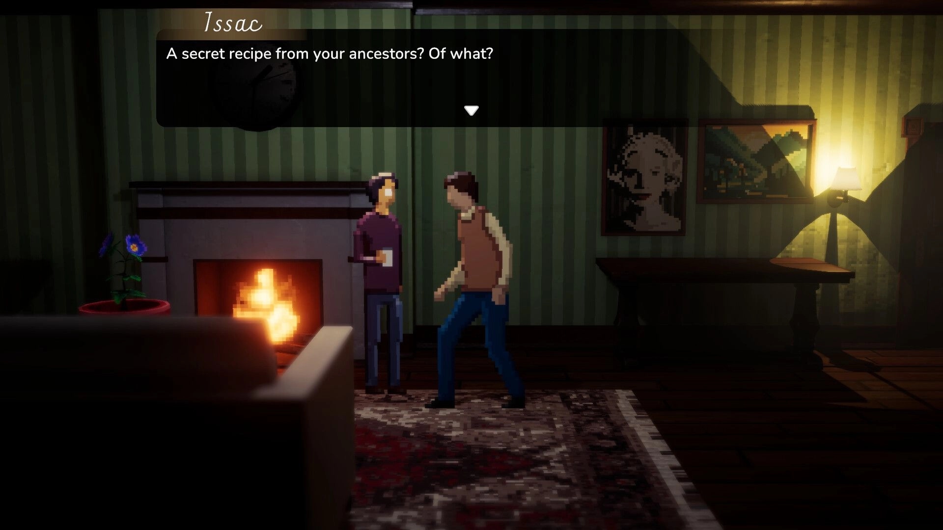 Abashed: Issac questions a character by a fireplace in a dimly lit, art-adorned living room