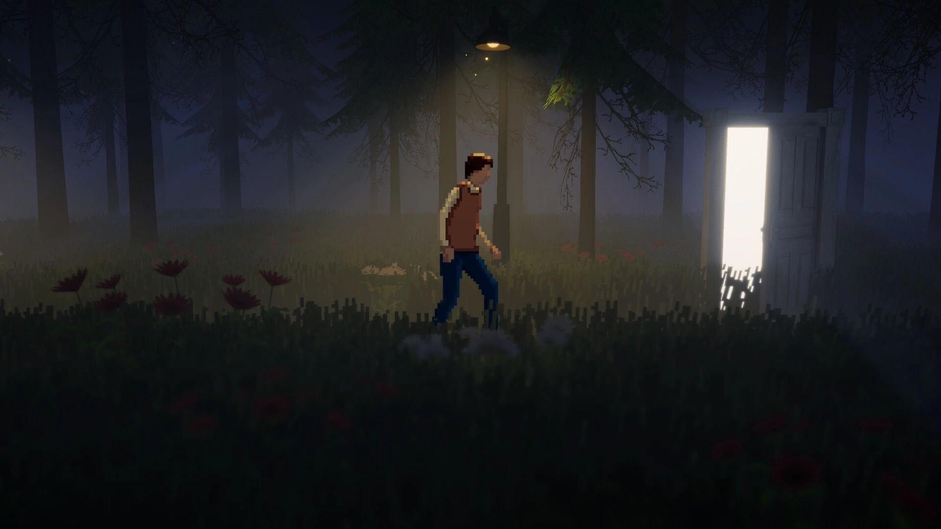 Abashed: Issac walking toward a glowing door in a misty forest under a dim streetlight.