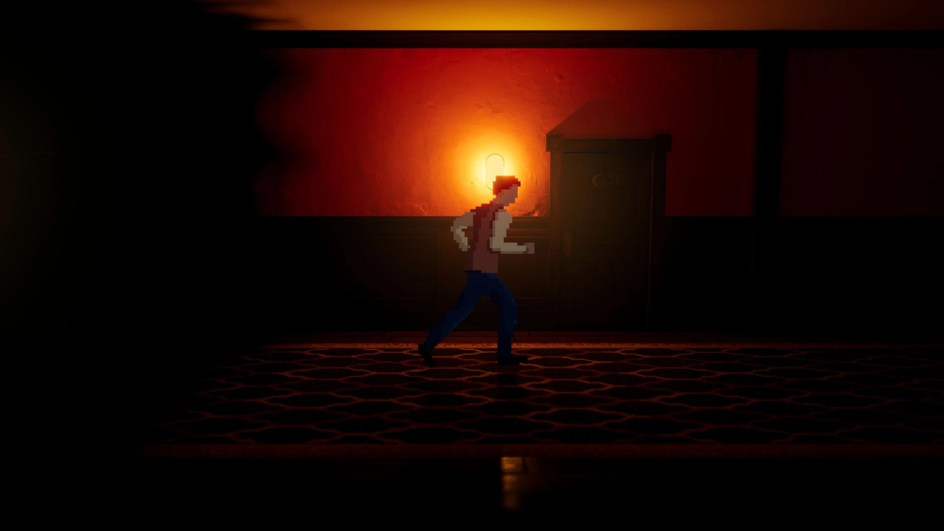 Abashed: Issac runs down a dimly lit hallway with red walls and a glowing light bulb overhead