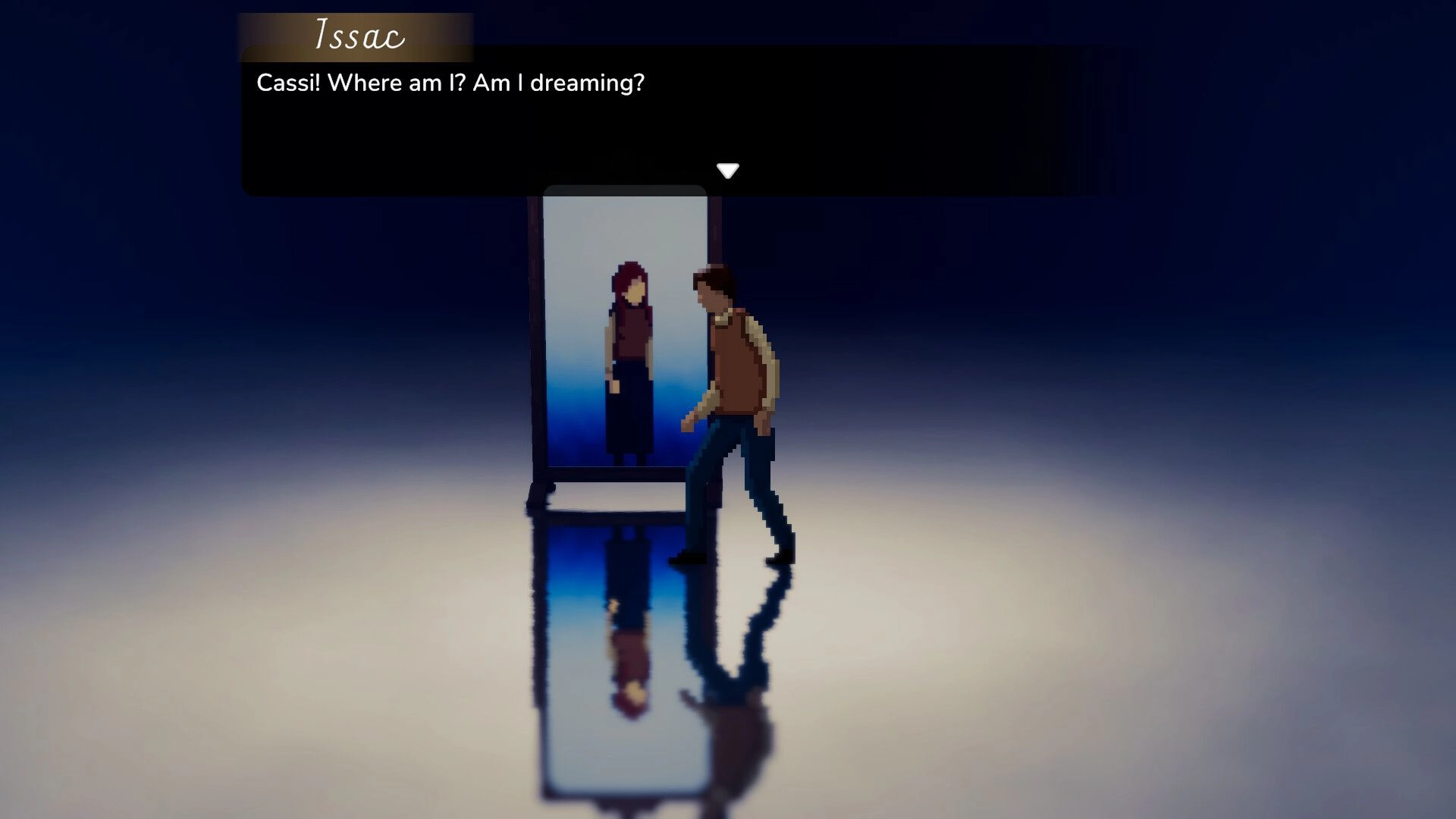 Abashed: Issac confronts Cassi's reflection in a mysterious void; dialogue box questions reality.