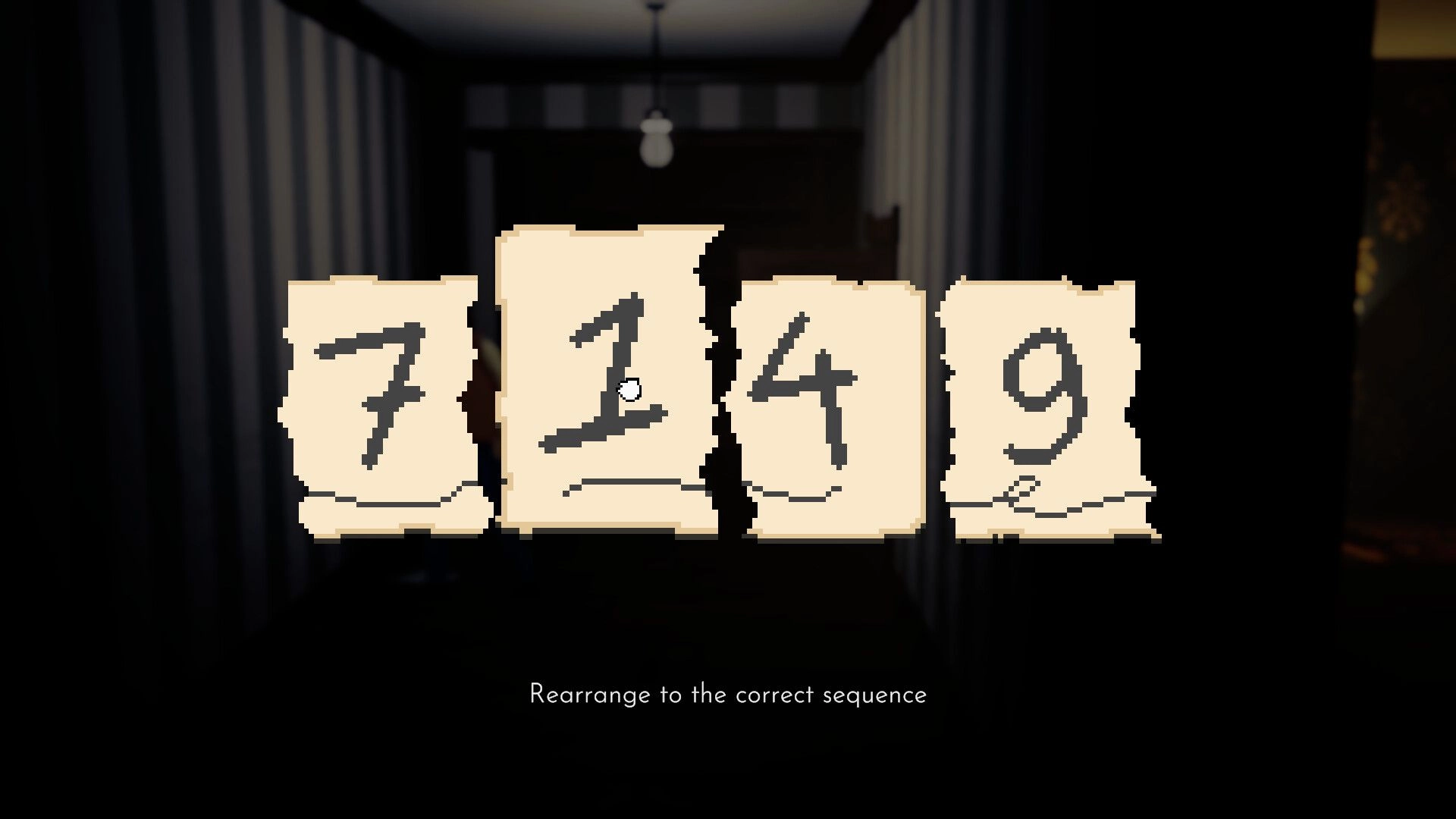 Abashed: Puzzle screen with torn paper numbers 7, 1, 4, 9 in dark hallway, prompt to rearrange sequence