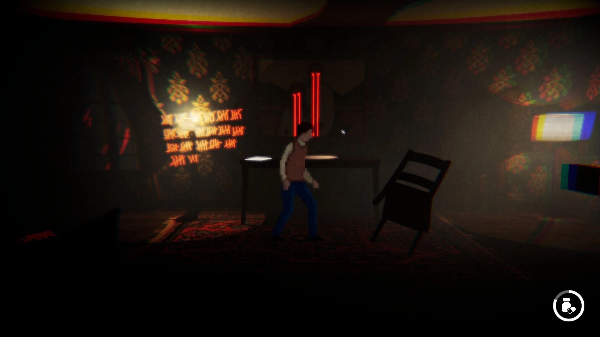 Abashed: Issac explores dim room with tally marks, overturned chair, and eerie red lights