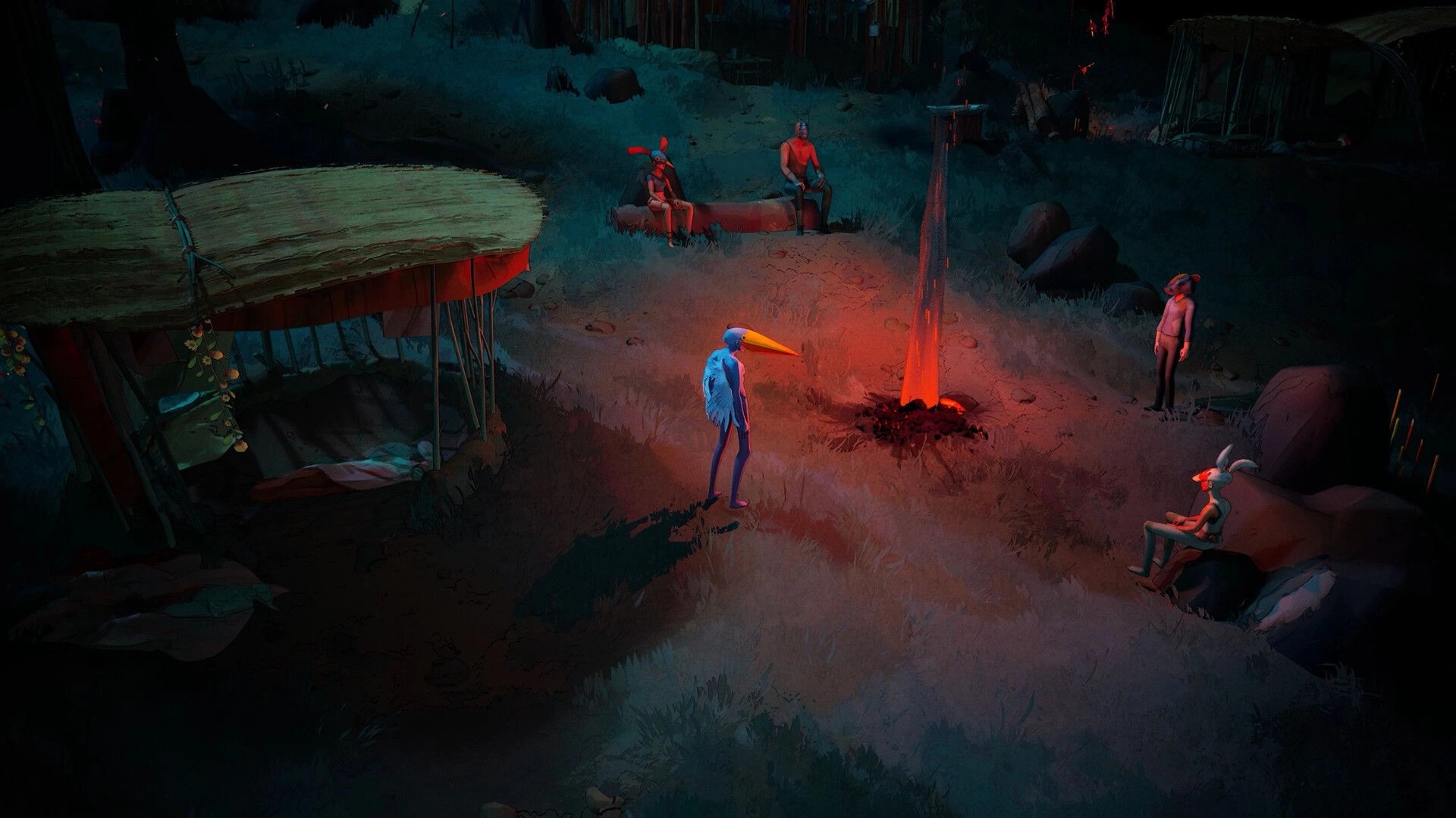 Abelina: Bird-headed character stands by a glowing campfire as companions sit around in a dark camp clearing.