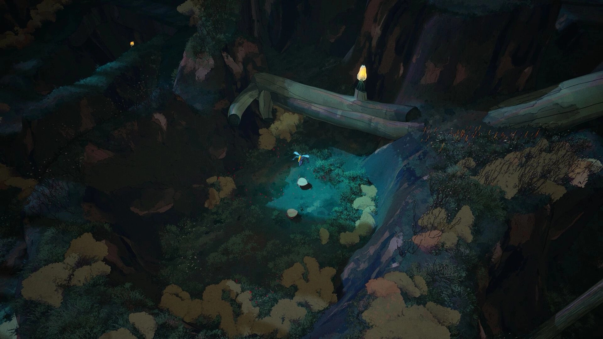 Abelina: Character stands by a glowing pond beneath a fallen log bridge in a shadowy ravine.