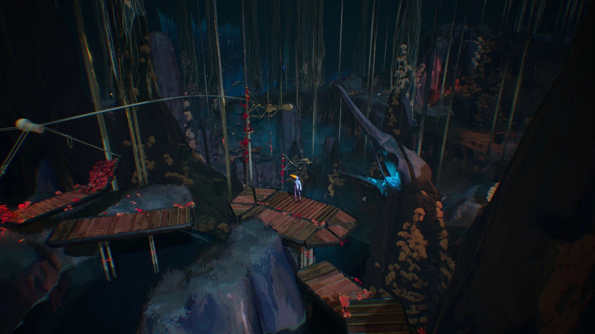 Abelina: White-clad figure on wooden platforms above a misty chasm with hanging vines and cliffs.