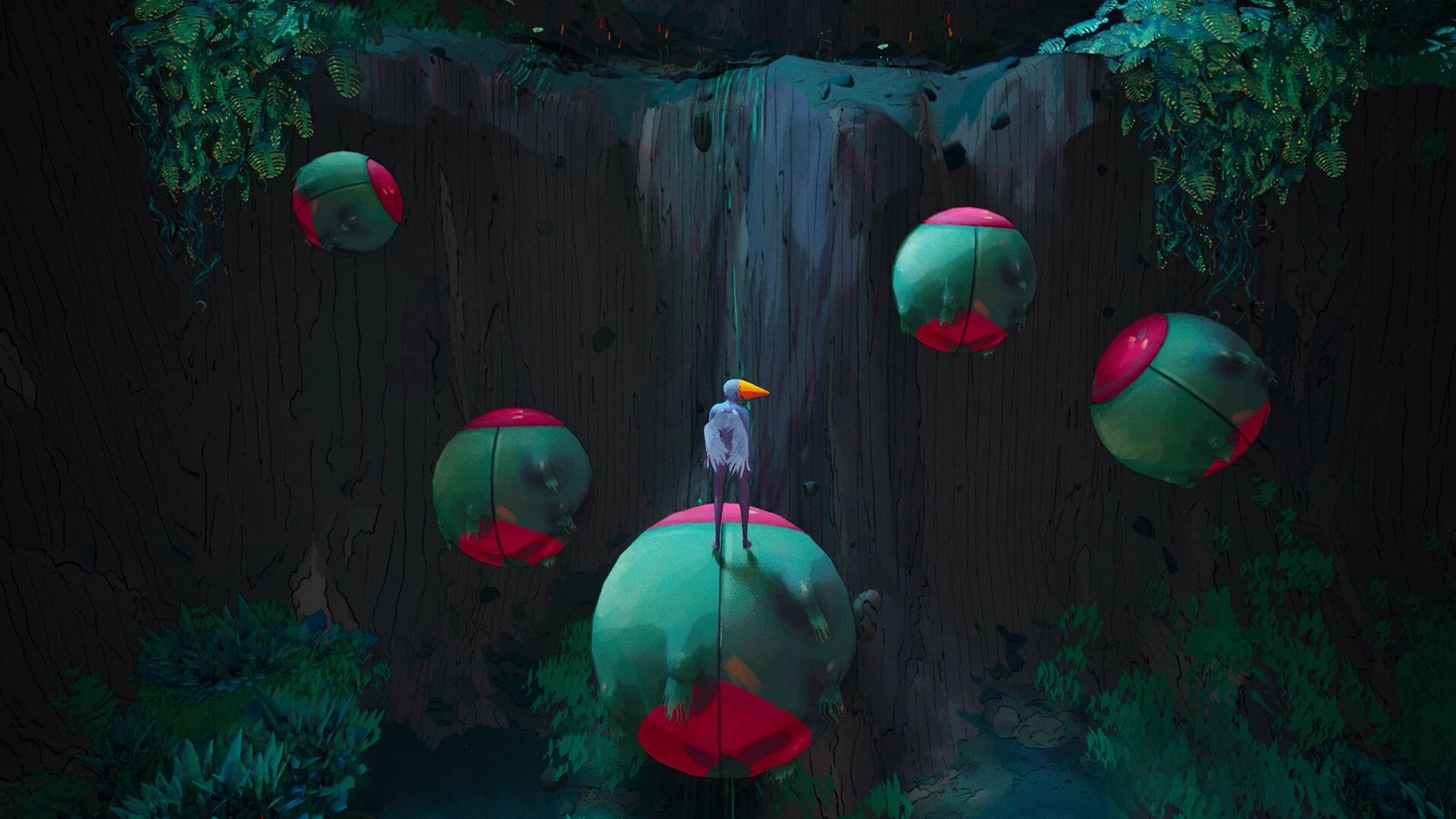 Abelina: Birdlike character stands on floating spheres in a deep ravine with hanging ferns above.