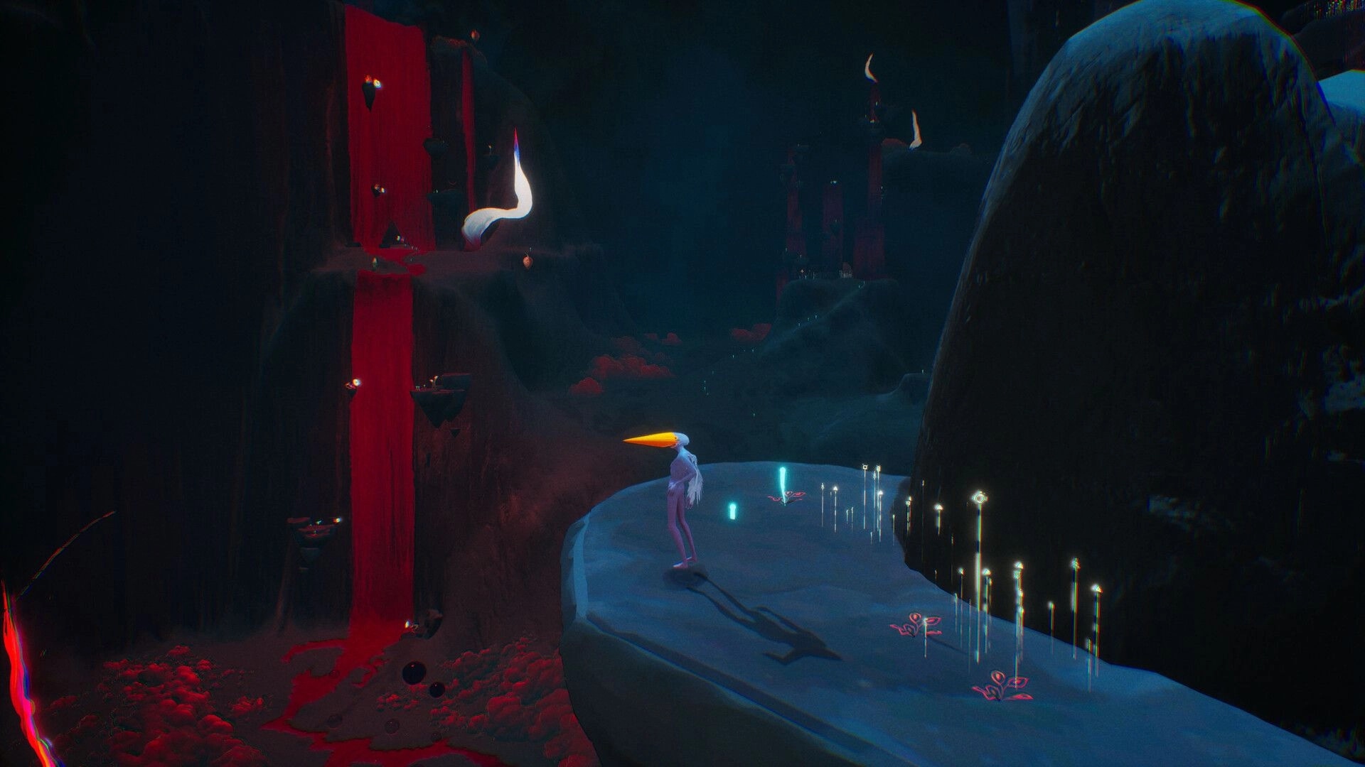 Abelina: Bird-headed figure stands on a blue ledge beside glowing stems in a dark canyon cave.