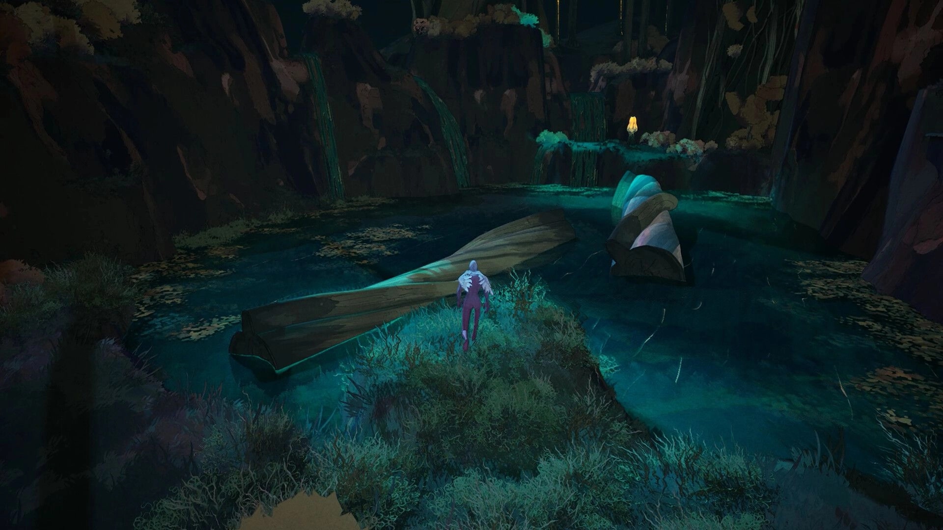 Abelina: Lone character stands by a crashed plane in a misty canyon lake with glowing waterfalls.