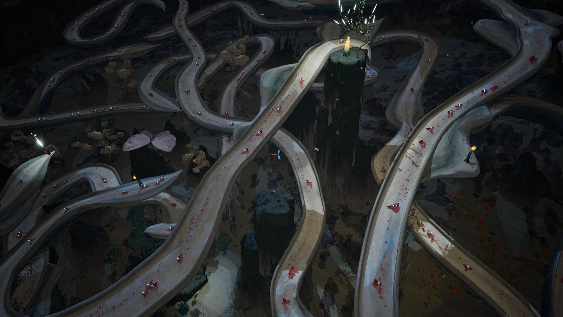 Abelina: Tiny cloaked figure on winding pale paths above a dark canyon, red petals drifting nearby.