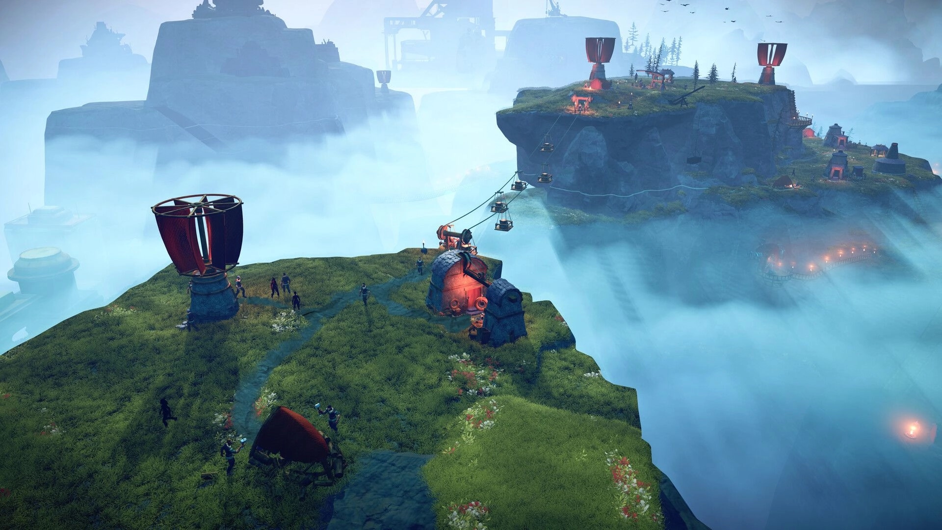 Above: Hilltop colony with workers, cable car line, and red towers over misty cliffs.
