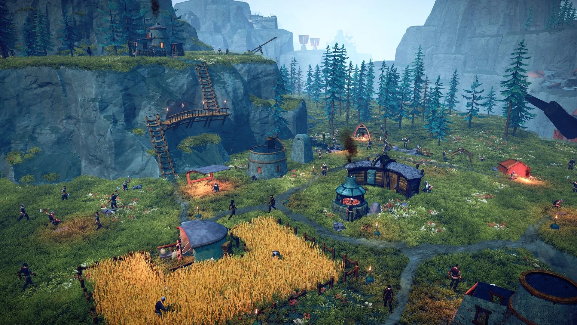 Above: Hilltop colony overview with villagers, farms, ladders and workshops in misty valley.