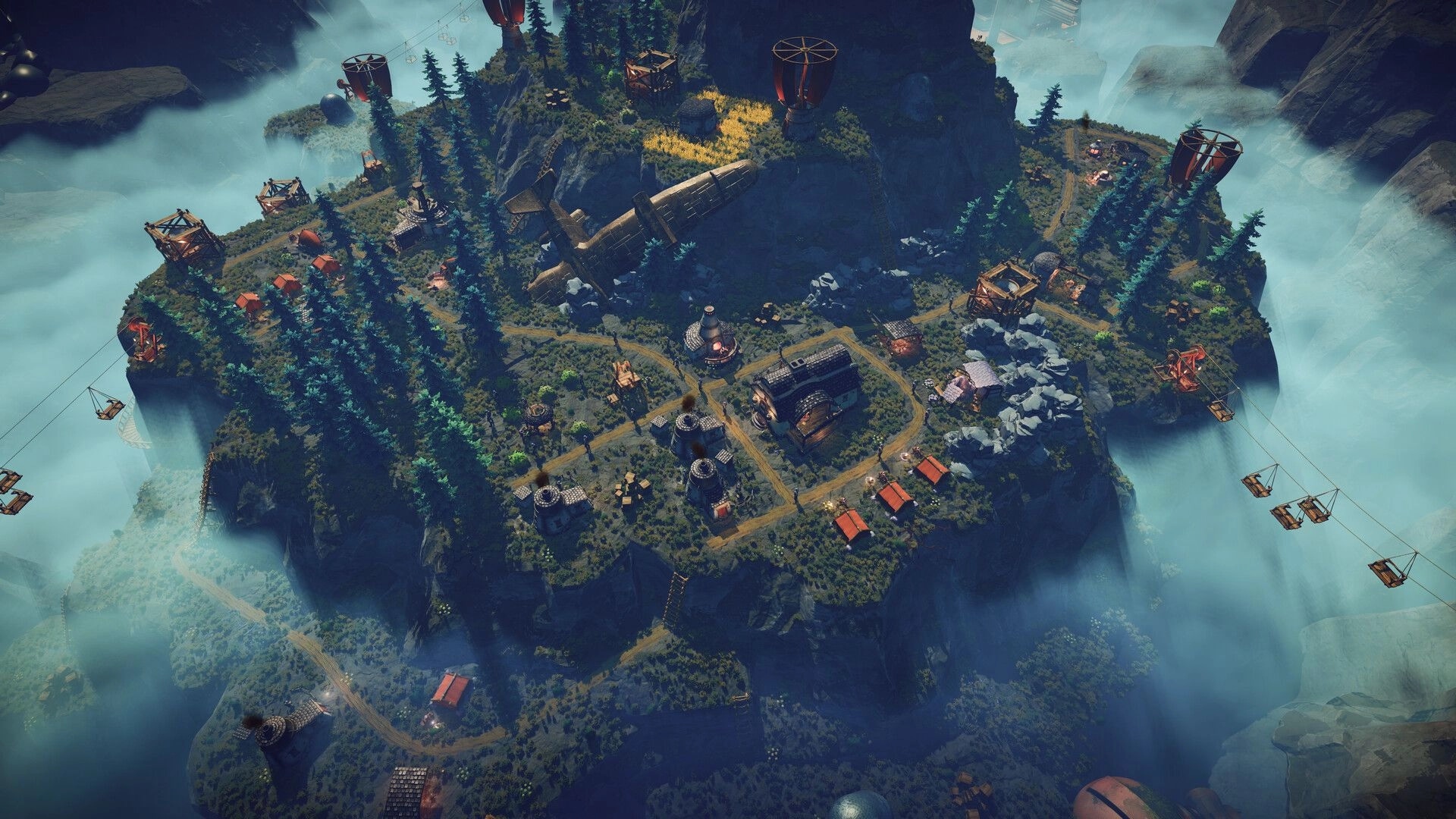 Above: Hilltop colony overview with roads, huts, towers, and crashed airship amid misty cliffs.