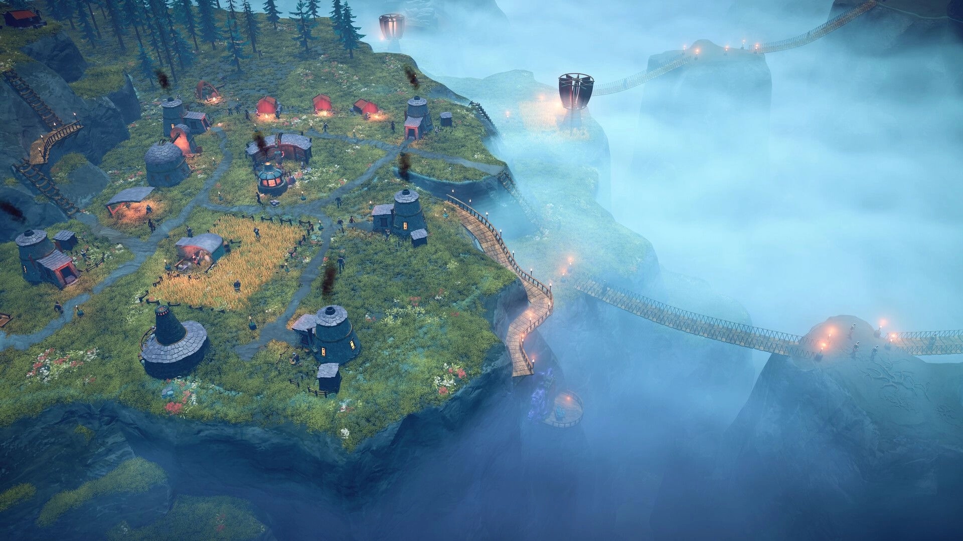Above: Hilltop colony with huts, farms, and smoke stacks linked by bridges over misty cliffs.