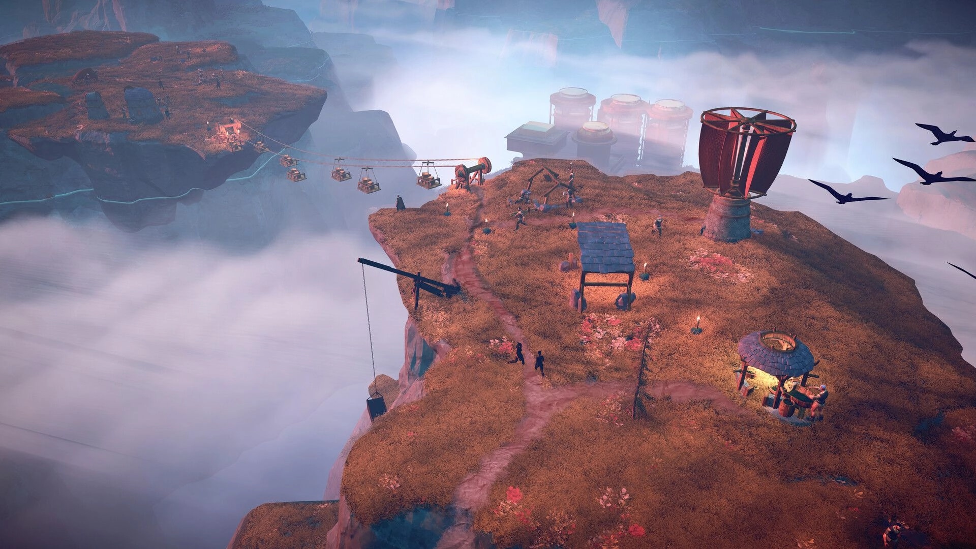 Above: Hilltop colony with cable lift, wind turbine and workers on misty cliff plateau.