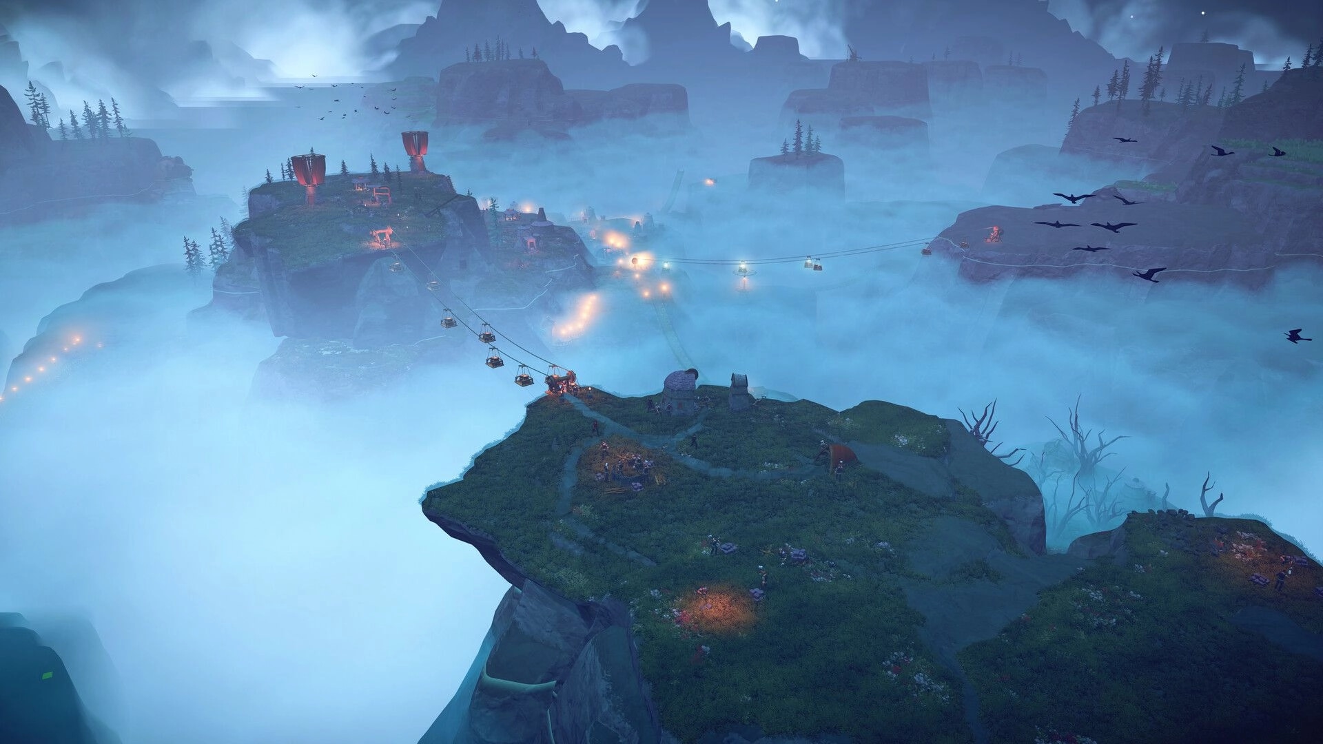 Above: Cable cars link cliffside outposts and campfires across misty mountain islands at dusk.