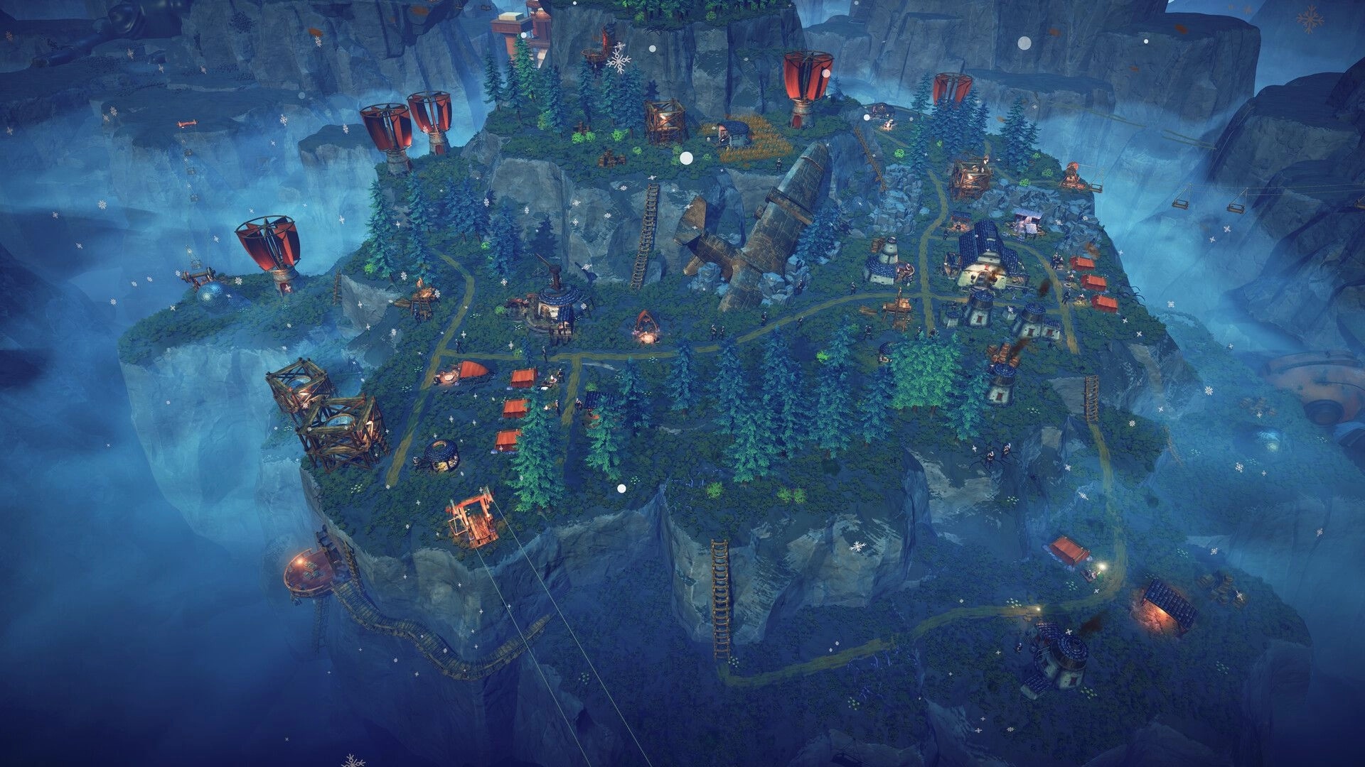 Above: Hilltop colony overview with cabins, roads, towers and airships on misty cliff island.