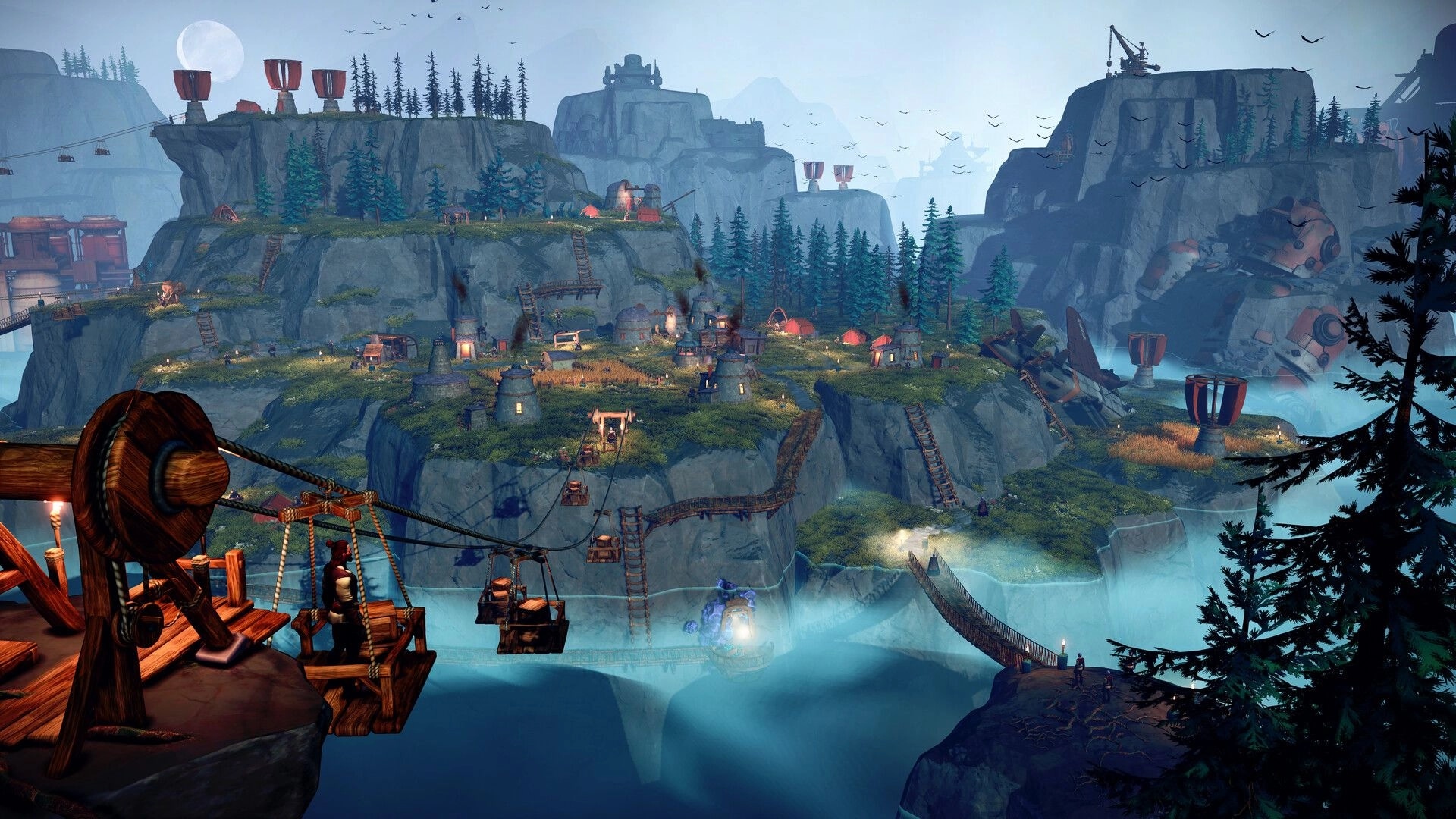 Above: Hilltop colony with huts, cranes, and cable lift spanning misty cliffs and bridges.