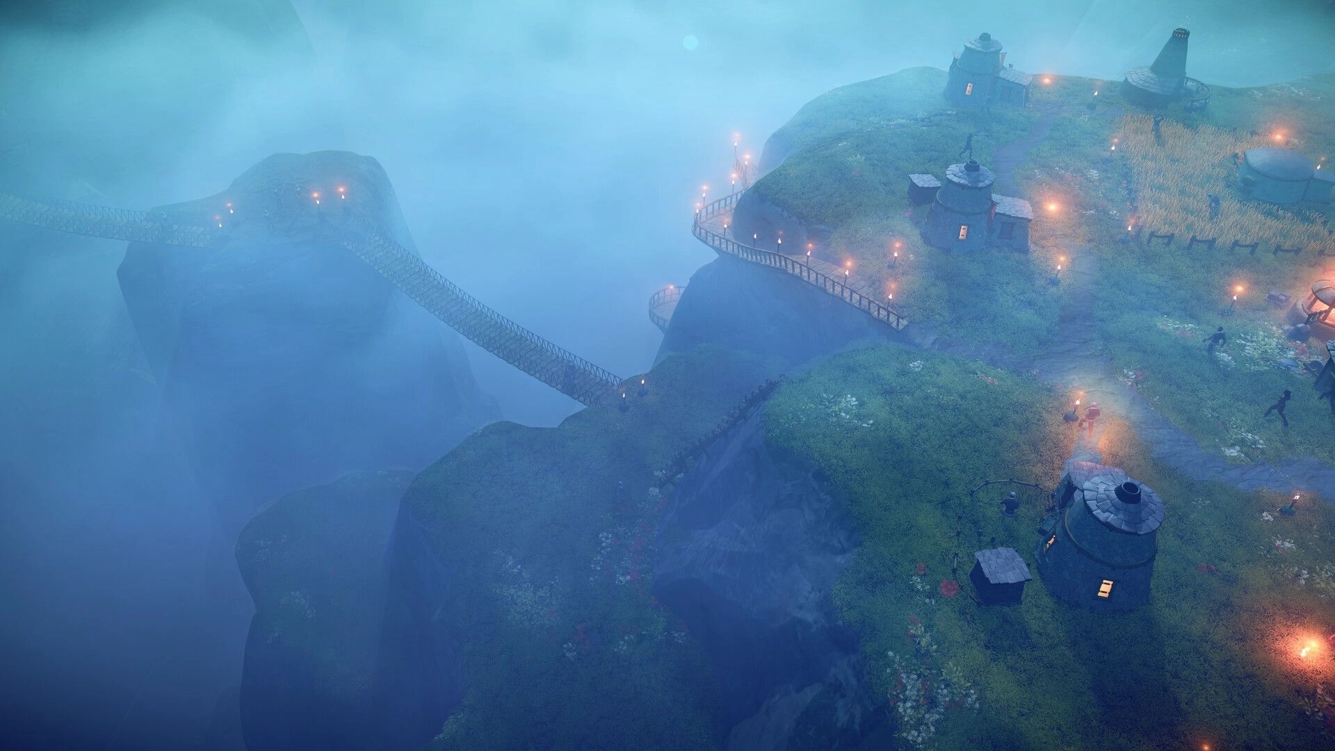 Above: Hilltop colony view with round huts, torchlit paths, and bridge over misty cliffs.
