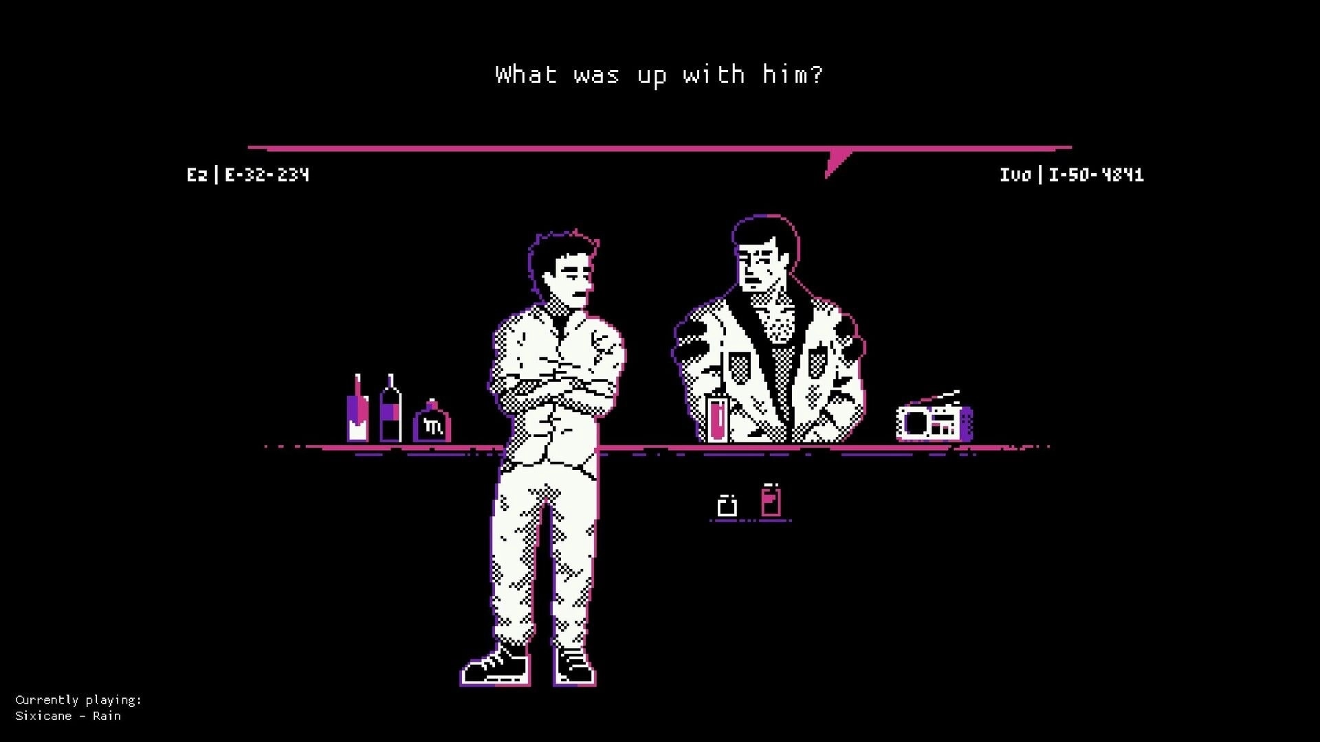 Above the Haze: Dialogue choice over two men at a bar counter with bottles, tape deck, dark backdrop.