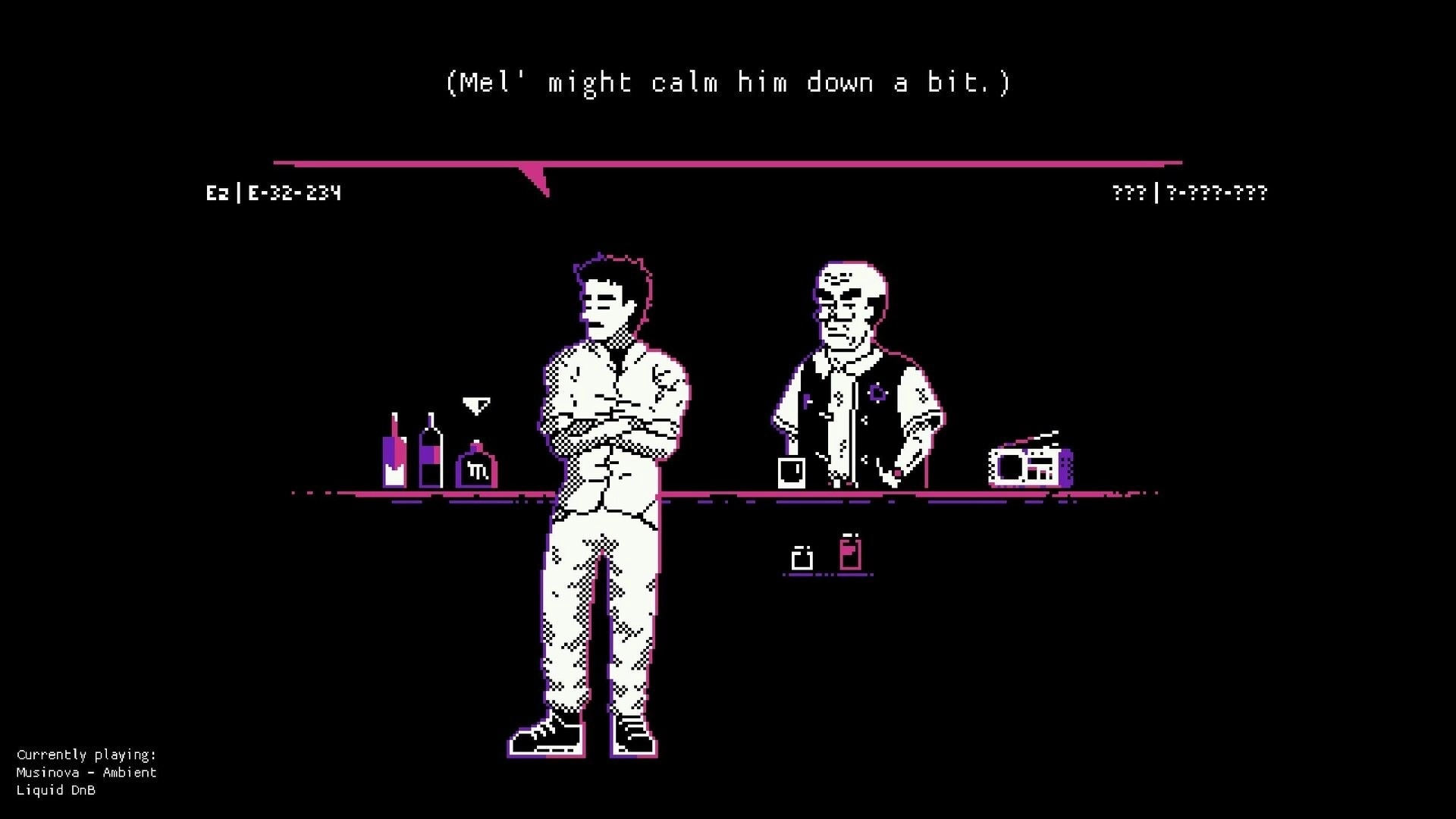 Above the Haze: Bartender faces a tense patron at bar counter with item icons and dialogue text UI.