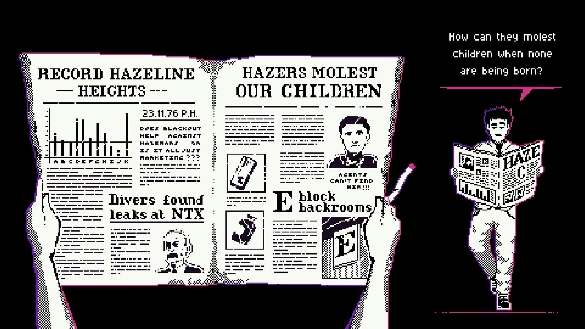 Above the Haze: Close-up newspaper UI with bold headlines and a man reading, black backdrop.