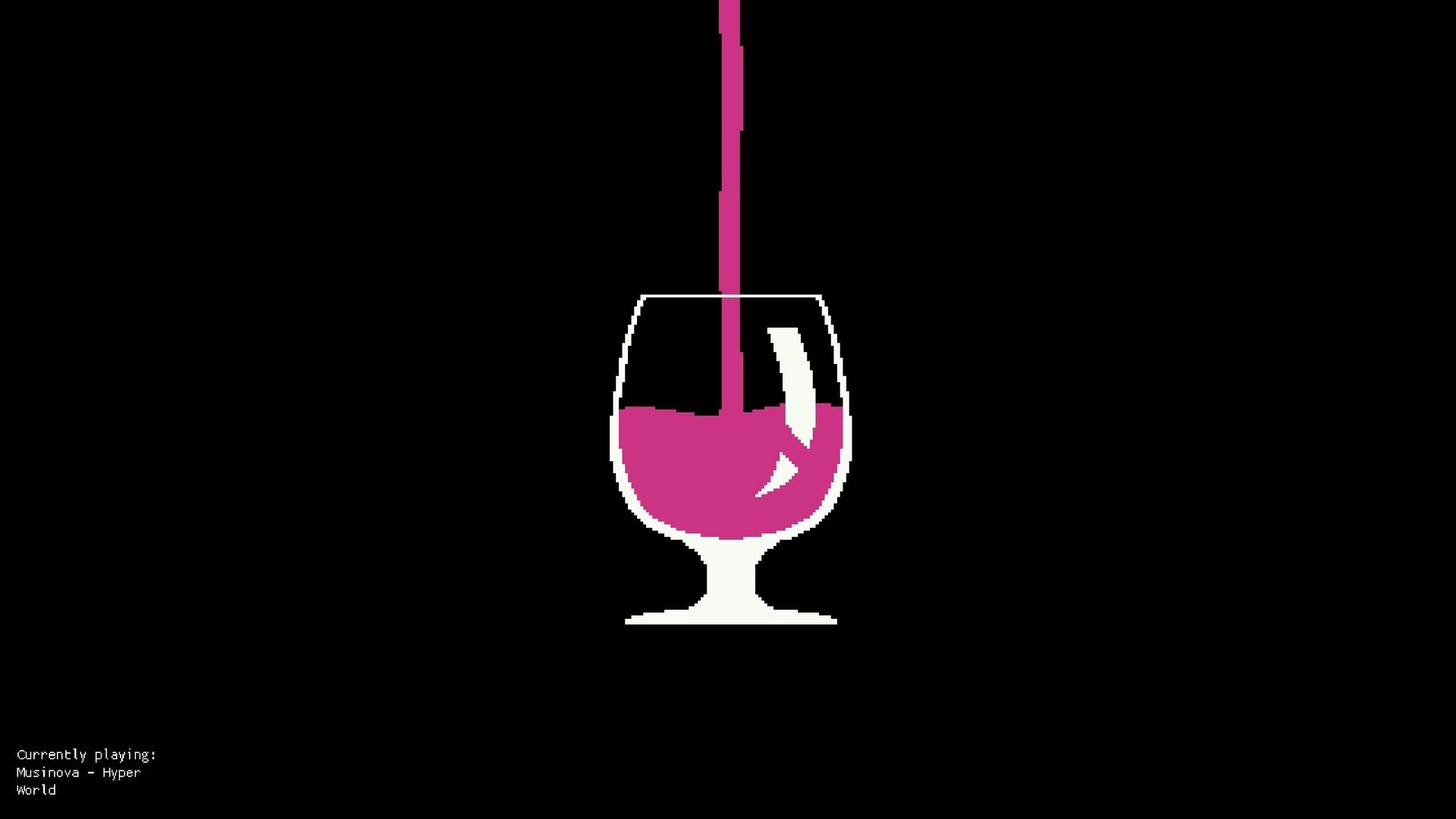 Above the Haze: Magenta liquid pours into a pixel goblet on black screen with music text UI bottom-left.