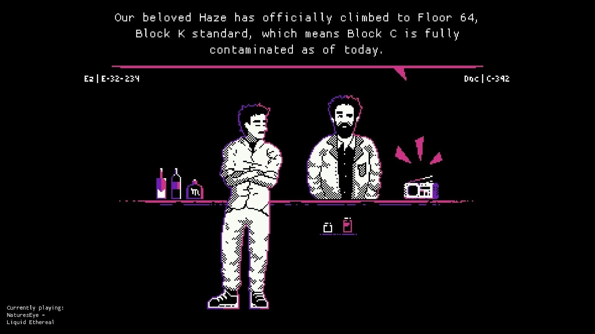 Above the Haze: Dialogue scene with two patrons at a bar counter in minimalist 1-bit pixel art UI.