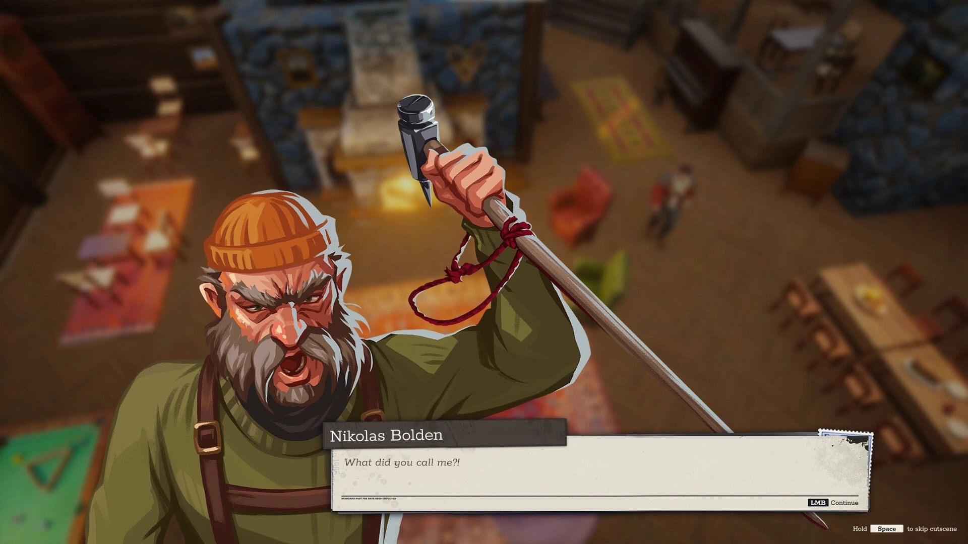 Above the Snow: Nikolas Bolden raises a hammer in dialogue box over a cozy lodge interior scene.