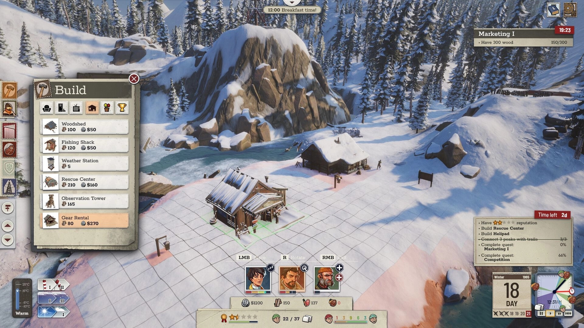 Above the Snow: Build menu placing a gear rental cabin on snowy grid beside river and pines.