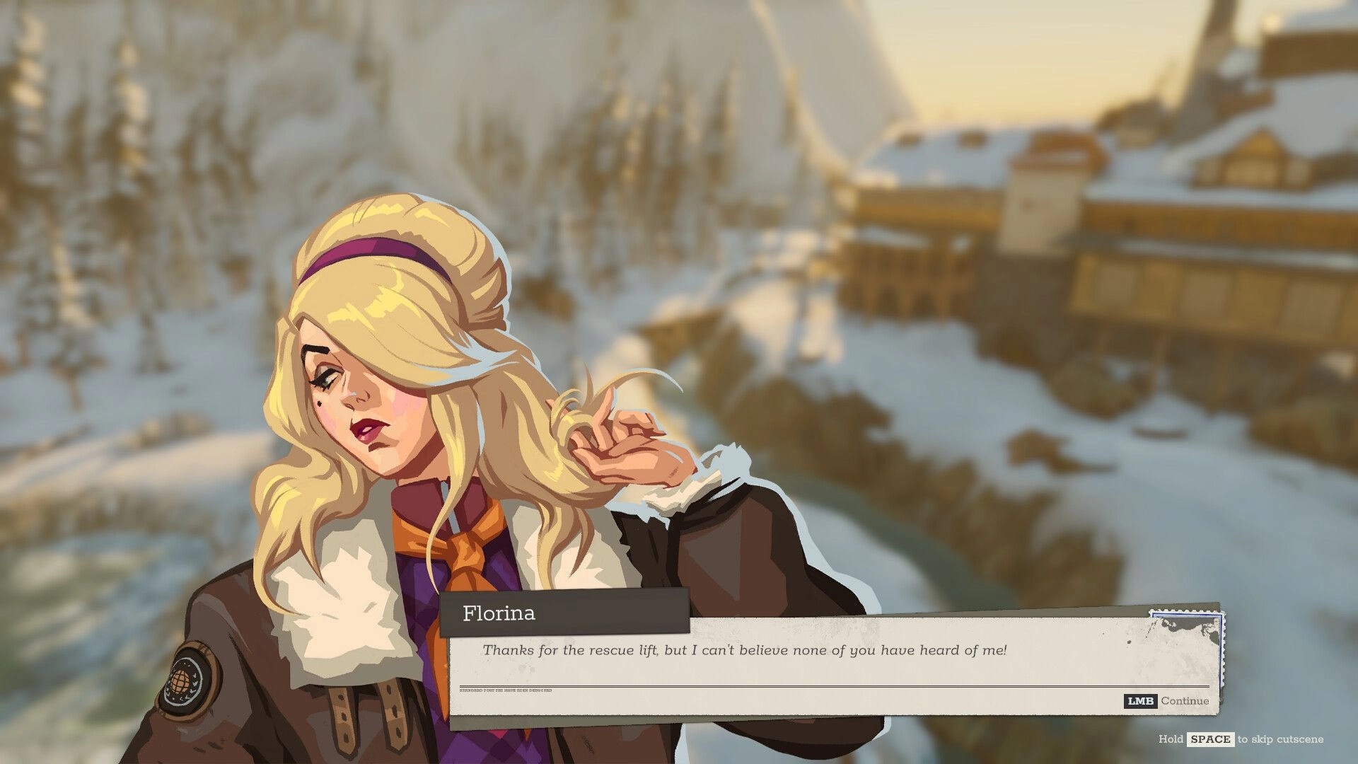 Above the Snow: Florina dialogue pop-up with LMB continue prompt over snowy mountain resort backdrop.