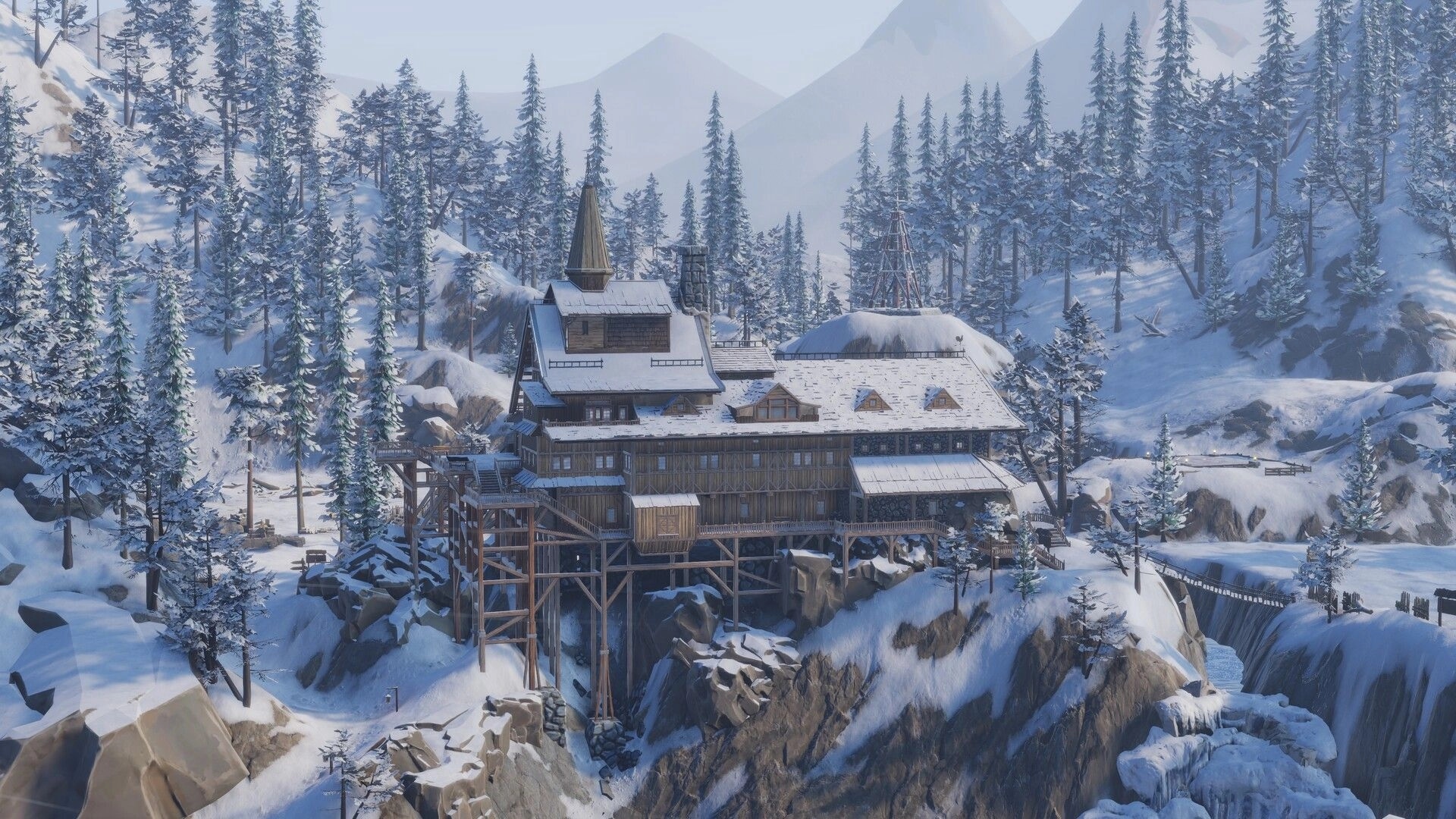 Above the Snow: Resort lodge overview on a cliffside surrounded by snowy pines and mountains.