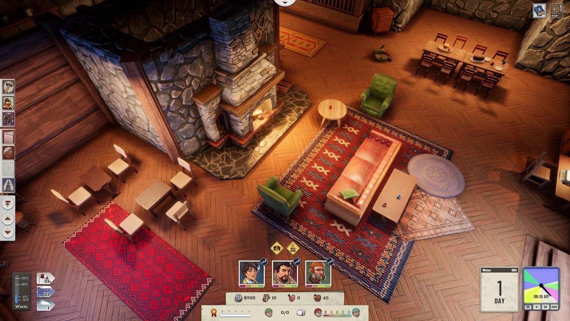 Above the Snow: Lodge management view with crew portraits and stats UI in cozy stone fireplace lounge.