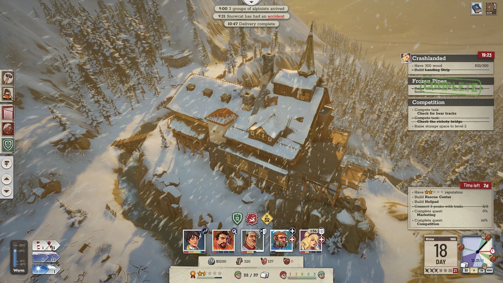 Above the Snow: Resort lodge overview with quests panel and crew portraits in a snowy mountain forest.