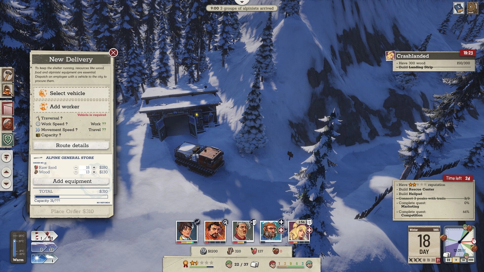 Above the Snow: New Delivery order menu and tracked vehicle by lodge in snowy pine valley map view.