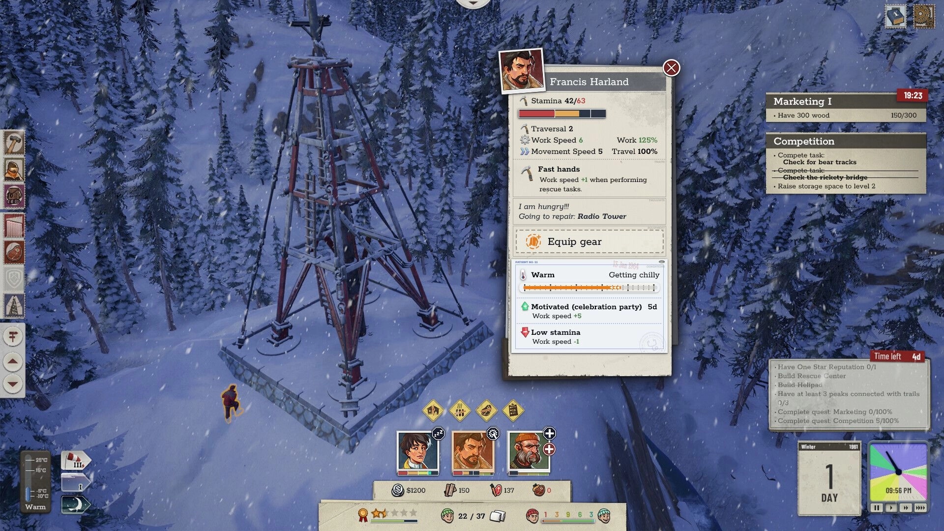 Above the Snow: Francis Harland status panel open while repairing a radio tower in snowy pines.