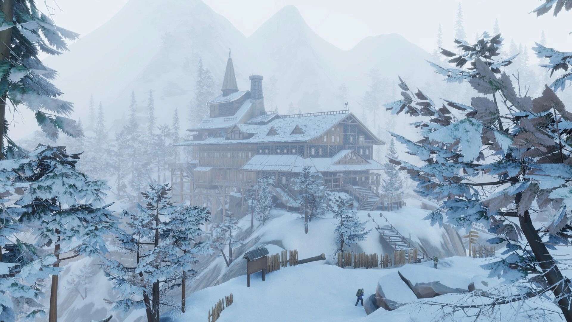 Above the Snow: Snowy resort lodge on a cliff with stairways and pines in a foggy mountain valley.