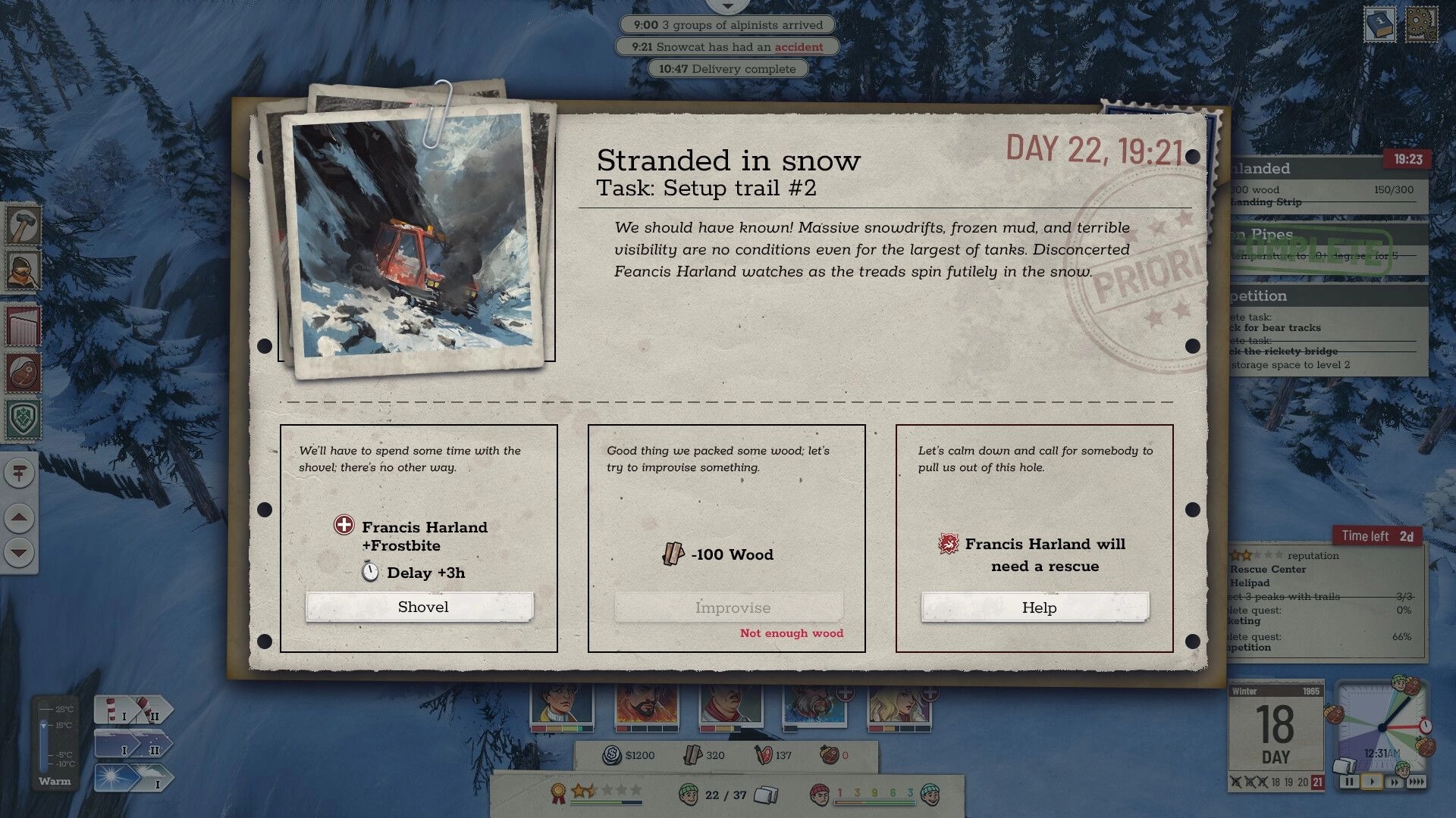 Above the Snow: Stranded in snow event card with choices to shovel, improvise, or call rescue over map view.