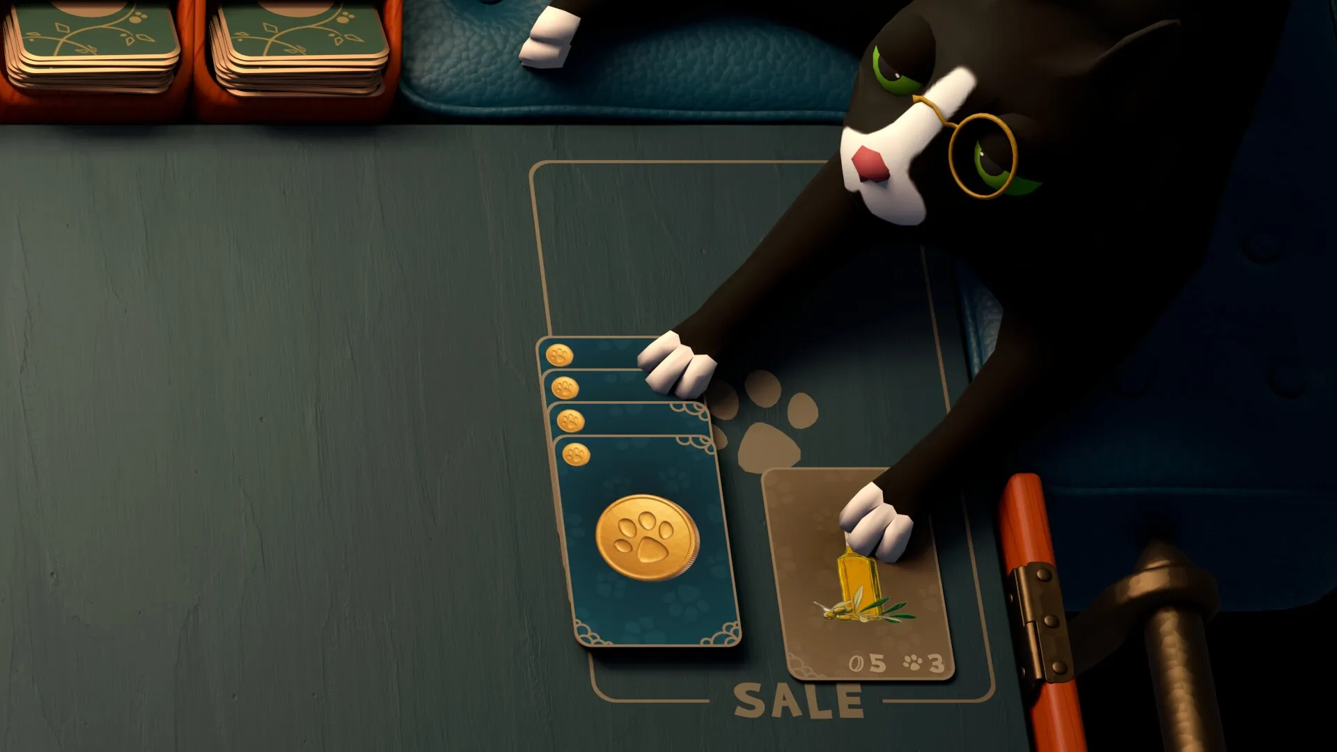 Abra-Cooking-Dabra: Wacky Cat boss holding ingredient cards in a cooking card game on a wooden table.