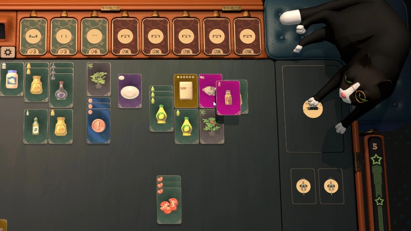 Abra-Cooking-Dabra: Ingredient cards on table with wacky Cat overlooking in kitchen setting