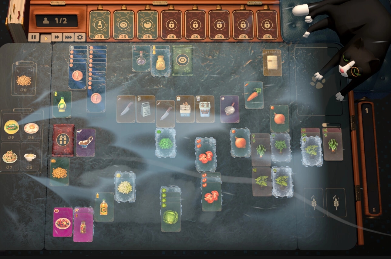 Abra-Cooking-Dabra: Ingredient cards on game board with a cat overseeing the cooking process