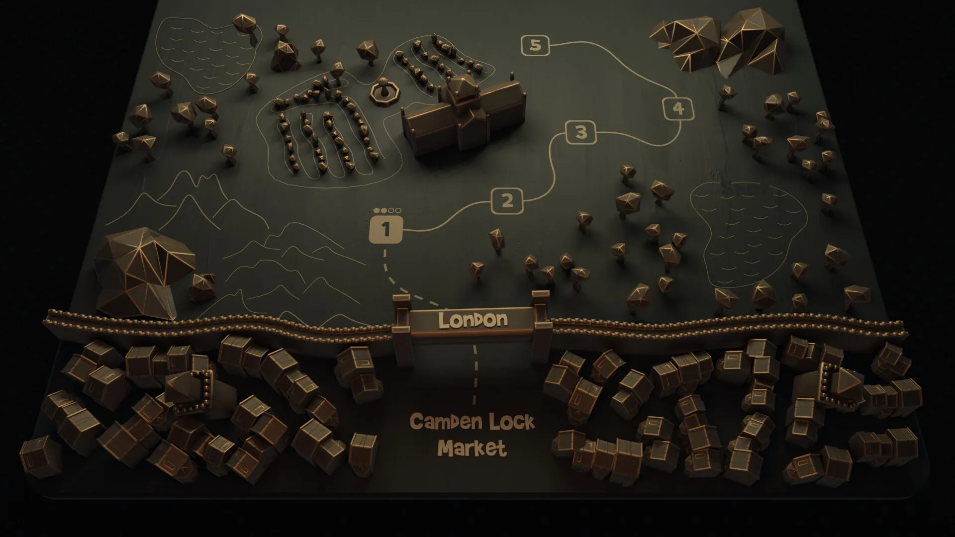 Abra-Cooking-Dabra: Overhead view of a stylized map showing routes from London to Camden Lock Market.