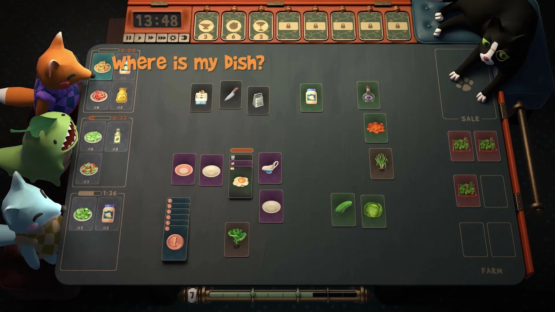 Abra-Cooking-Dabra: Ingredient cards and timer displayed with toves eagerly awaiting their dishes