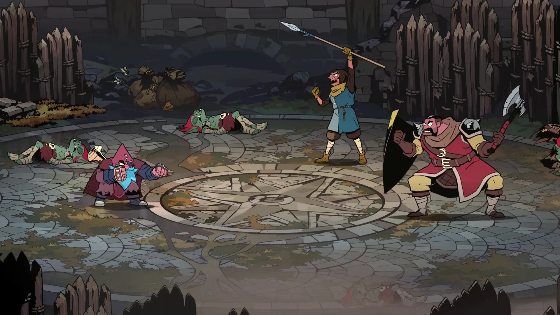 Absolum: Heroes in combat stance on a stone arena surrounded by fallen enemies and wooden barricades.