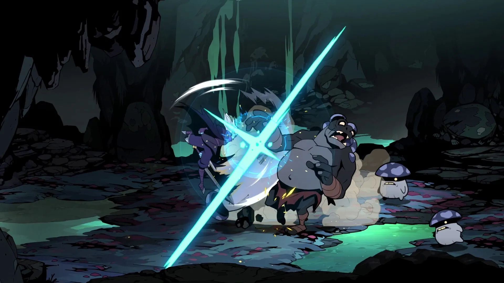 Absolum: Hero slashes at ogre-like creature with glowing sword in dark cave, surrounded by mushrooms