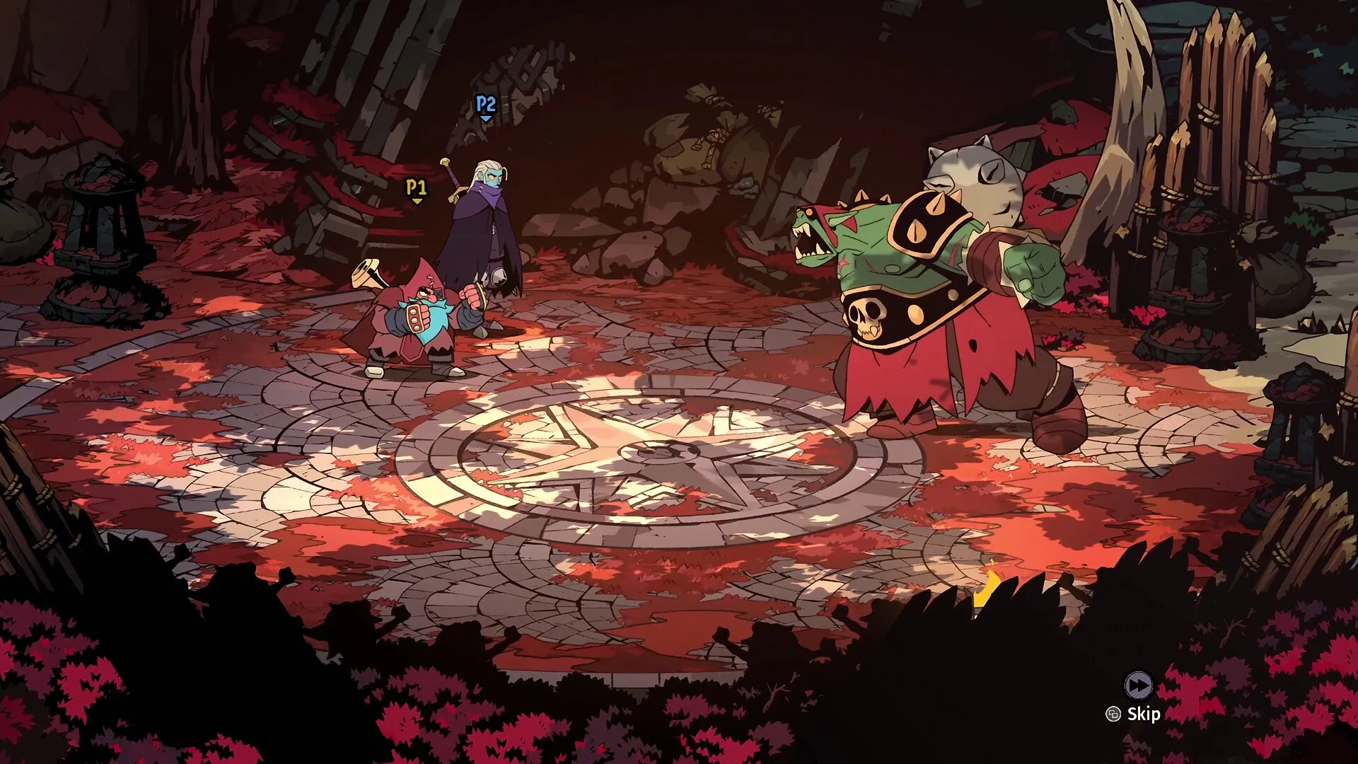 Absolum: Two heroes engage a large armored enemy in a forest arena with autumn leaves scattered around.