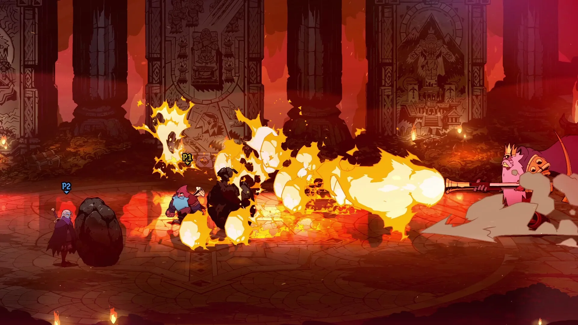 Absolum: Players P1 and P2 battle Sun King Azra in a fiery dungeon with ancient stone carvings