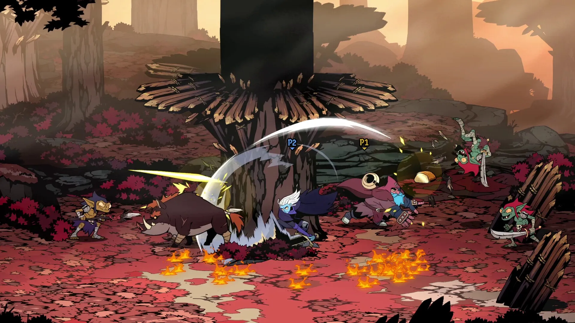 Absolum: Two heroes battling goblins and a boar in a vibrant forest setting with fiery ground effects.