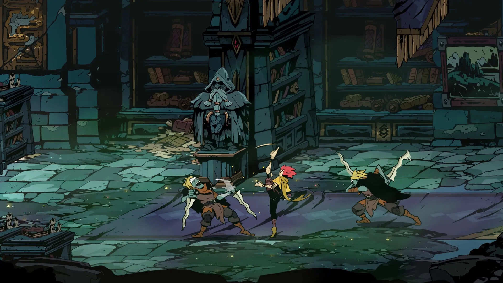 Absolum: Two heroes battle skeleton warriors inside an ancient, book-filled dungeon with a mysterious statue.