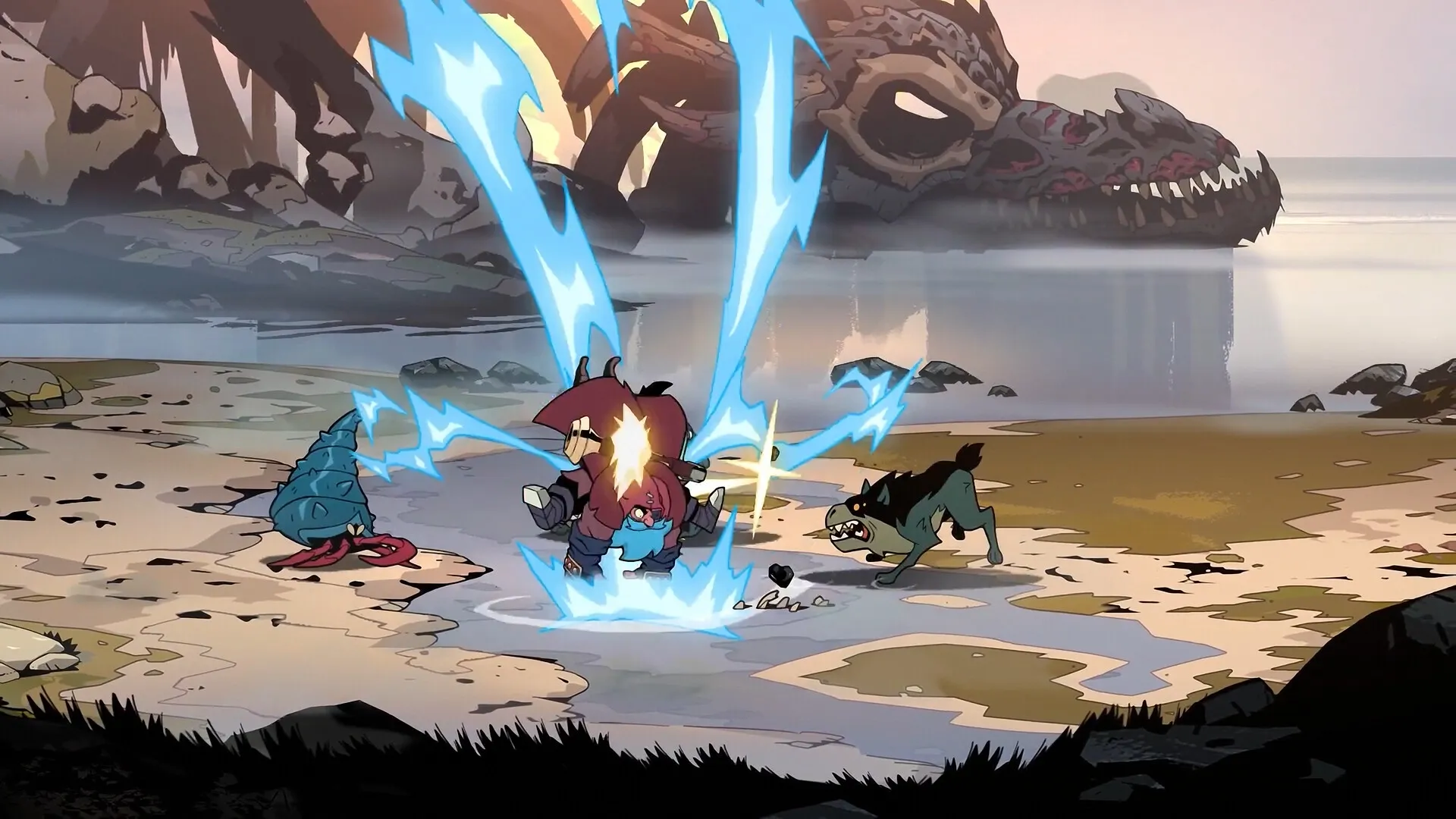 Absolum: Hero unleashes electric attack on enemies by a giant skull in a rocky coastal landscape.
